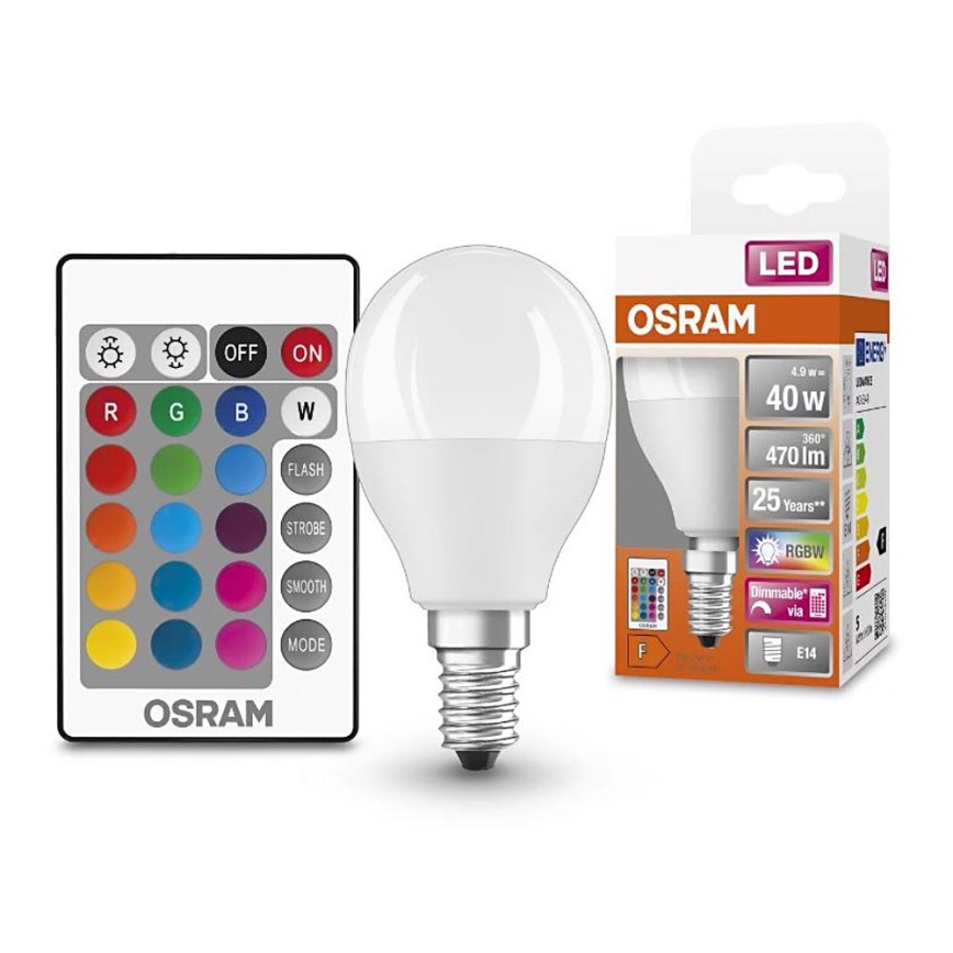 LED RGB Żarówka ściemnialna E14/4,9W/230V 2700K + pilot - Osram
