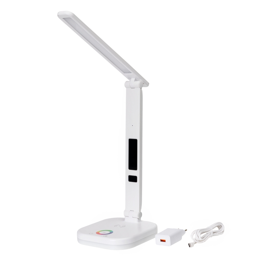 LED RGBW Ściemnialna dotykowa lampa stołowa z bezprzewodowym ładowaniem wyświetlaczem i portem USB MAGNUS LED/6W/5V 3000-6500K biały