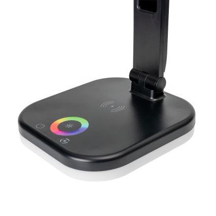 LED RGBW Ściemnialna dotykowa lampa stołowa z bezprzewodowym ładowaniem LCD wyświetlaczem i portem USB MAGNUS LED/6W/5V 3000-6500K czarny