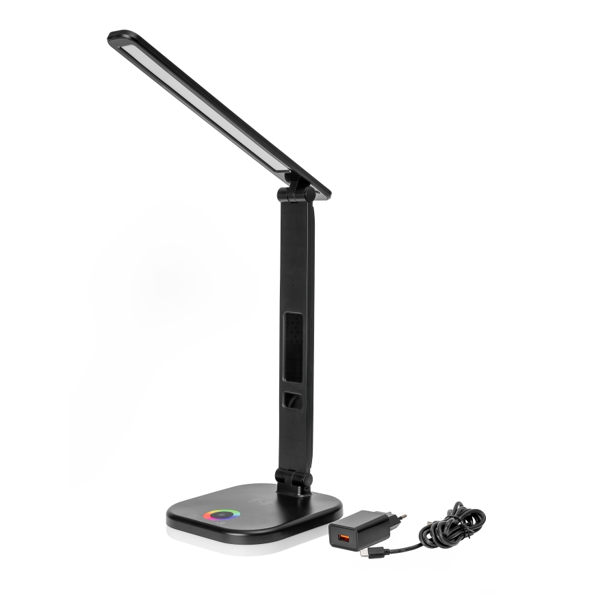 LED RGBW Ściemnialna dotykowa lampa stołowa z bezprzewodowym ładowaniem LCD wyświetlaczem i portem USB MAGNUS LED/6W/5V 3000-6500K czarny