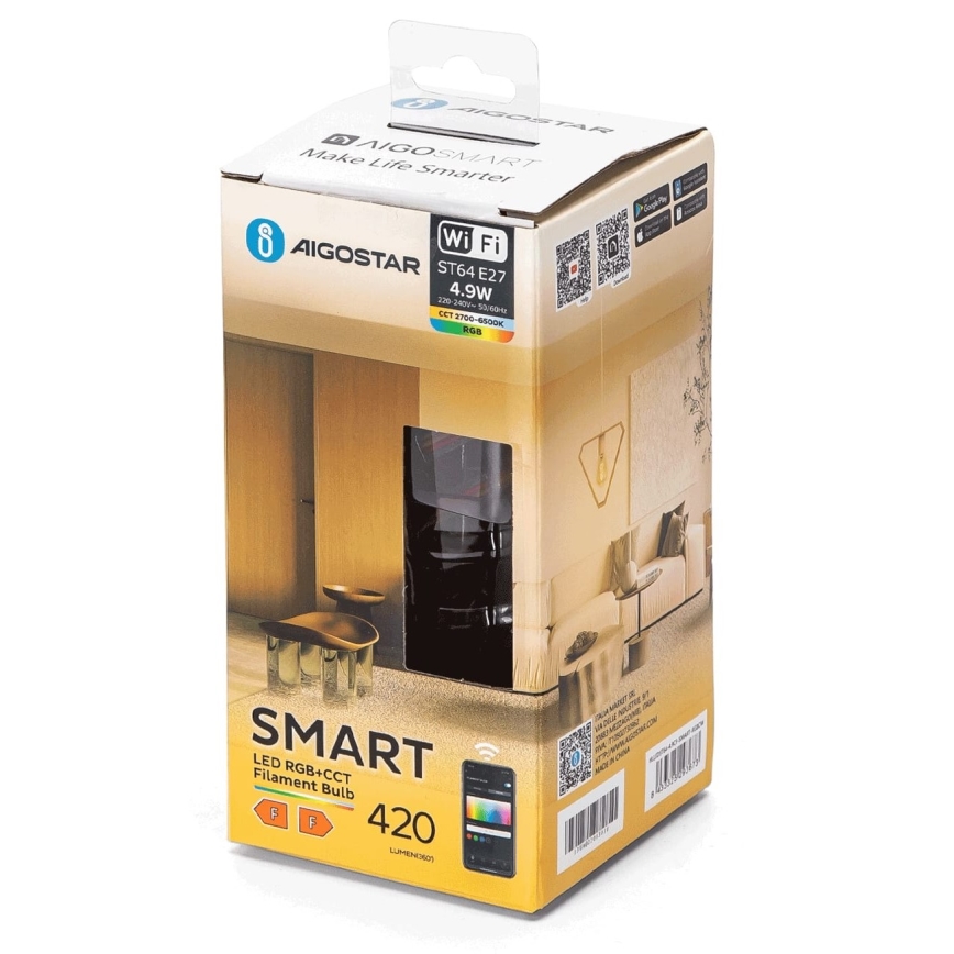 Ściemniana żarówka LED RGBW FILAMENT ST64 E27/4,9W/230V 2700-6500K Wi-Fi - Aigostar