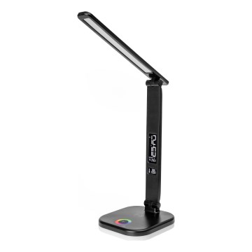 LED RGBW Ściemnialna dotykowa lampa stołowa z bezprzewodowym ładowaniem LCD wyświetlaczem i portem USB MAGNUS LED/6W/5V 3000-6500K czarny