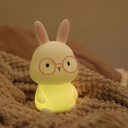 LED RGBW Ściemnialna dziecięca dotykowa lampa FLORKA LED/1W/5V USB 1200 mAh zajączek biały/różowy