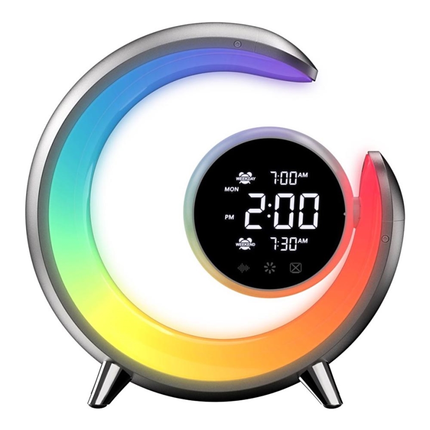 LED RGBW Ściemnialna lampa stołowa z budzikiem LED/20W/5V USB srebrny