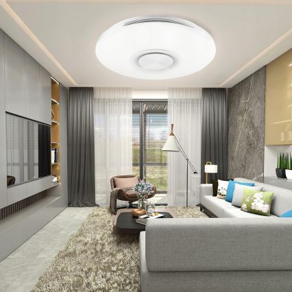 Oprawa sufitowa LED RGBW ściemnialna z głośnikiem 60W/230V 3000–6000K śr. 40 cm biała + pilot