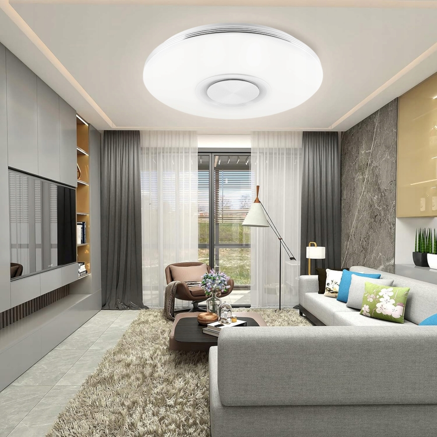 Oprawa sufitowa LED RGBW ściemnialna z głośnikiem 60W/230V 3000–6000K śr. 40 cm biała + pilot