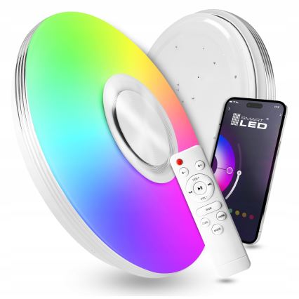 Oprawa sufitowa LED RGBW ściemnialna z głośnikiem 60W/230V 3000–6000K śr. 40 cm biała + pilot