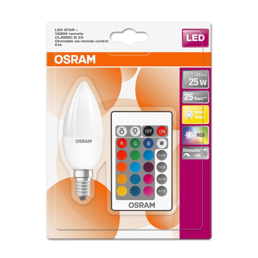 LED RGBW Ściemnialna żarówka STAR E14/4,5W/230V 2700K + pilot – Osram