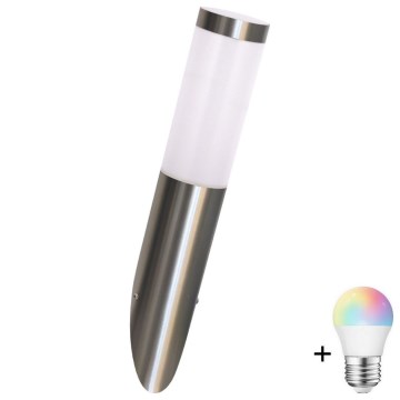 LED RGBW ściemnialna zewnętrzna lampa ścienna LIVIA 1xE27/6,5W/230V 2700-6500K Wi-Fi IP44 srebrna