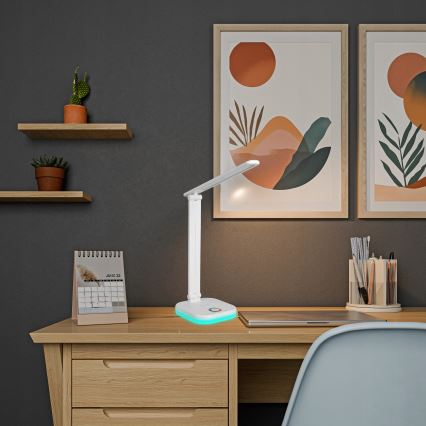 LED RGBW ściemniana lampa biurkowa z bezprzewodowym ładowaniem LED/7W/5V USB biała