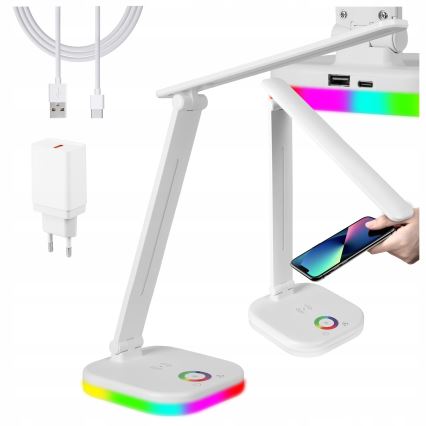 LED RGBW ściemniana lampa biurkowa z bezprzewodowym ładowaniem LED/7W/5V USB biała