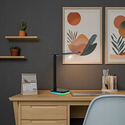 LED RGBW ściemniana lampka biurkowa z bezprzewodowym ładowaniem, LED/7W/5V USB, czarna