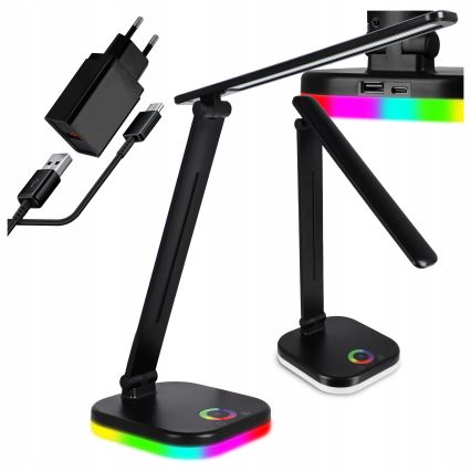 LED RGBW ściemniana lampka biurkowa z bezprzewodowym ładowaniem, LED/7W/5V USB, czarna