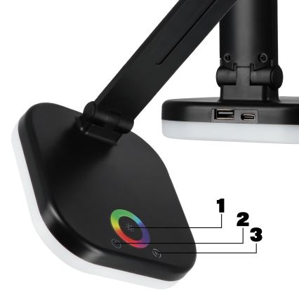 LED RGBW ściemniana lampka biurkowa z bezprzewodowym ładowaniem, LED/7W/5V USB, czarna