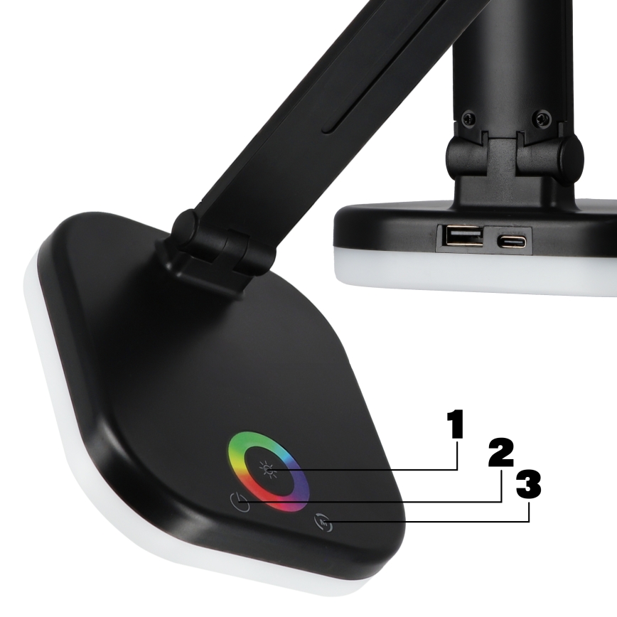 LED RGBW ściemniana lampka biurkowa z bezprzewodowym ładowaniem, LED/7W/5V USB, czarna