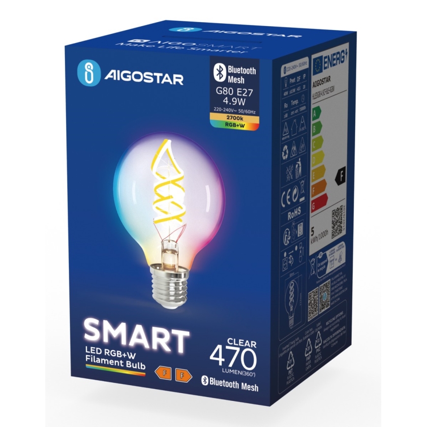 Ściemniana żarówka LED RGBW FILAMENT MESH Smart G80 E27/4,9W/230V 2700K - Aigostar