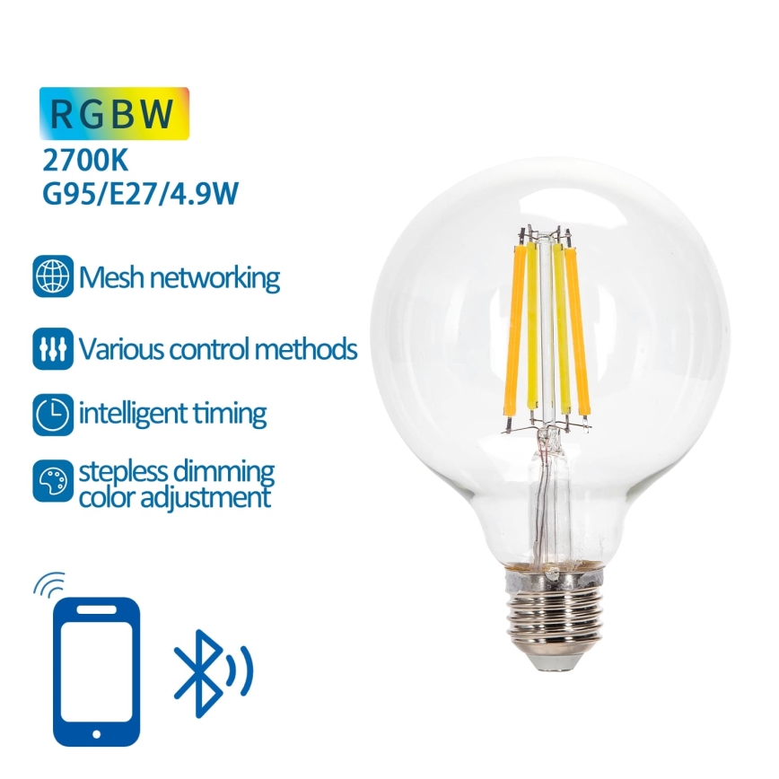 Ściemniana żarówka LED RGBW FILAMENT MESH Smart G95 E27/4,9W/230V 2700K - Aigostar