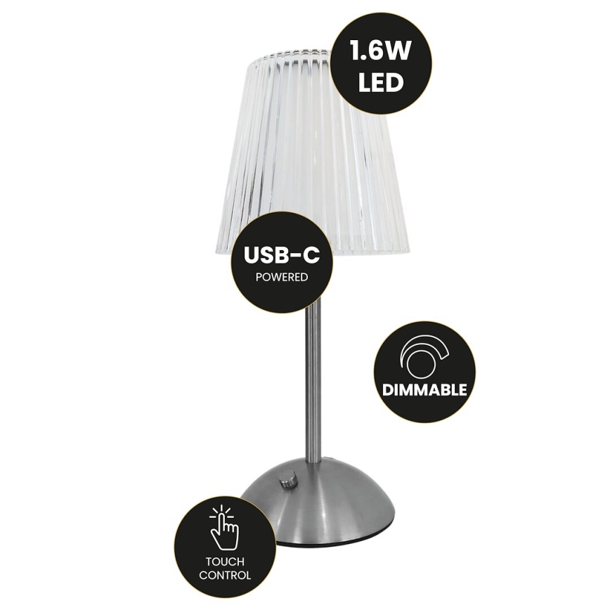 LED Ściemnialna akumulatorowa dotykowa lampa stołowa ELBA LED/1,6W/800 mAh matowy chrom/przezroczysty