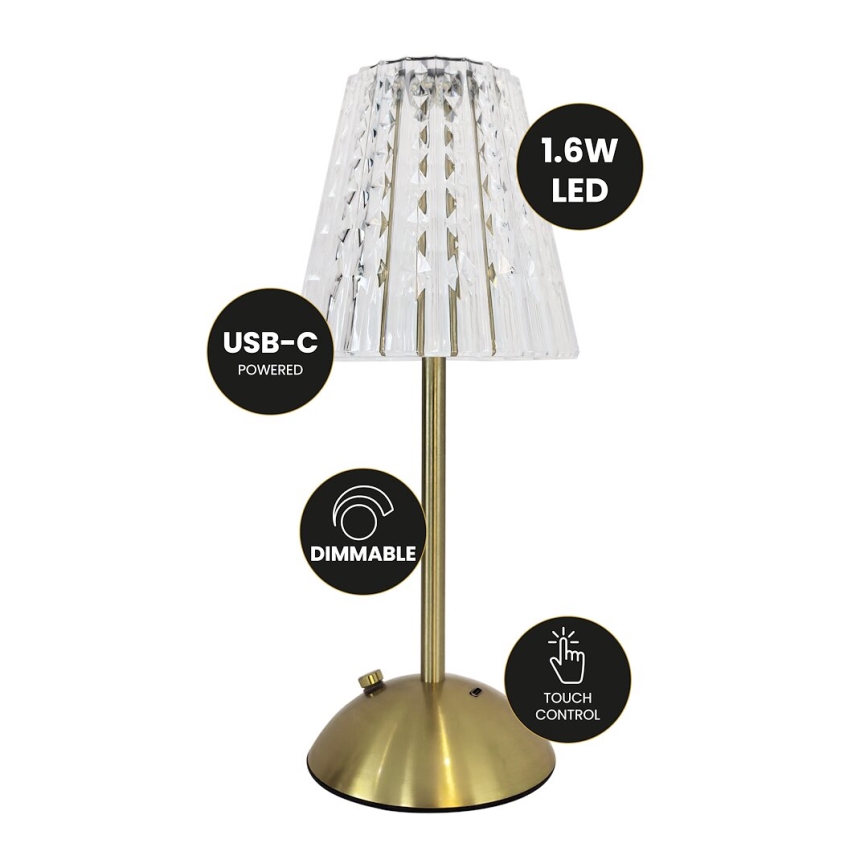 LED Ściemnialna akumulatorowa dotykowa lampa stołowa ELBA LED/1,6W/800 mAh 3000/4000/6000K złoty/przezroczysty