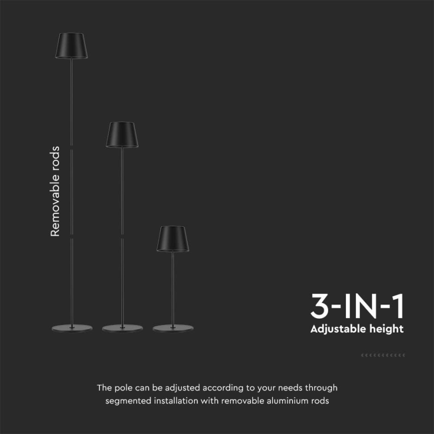 LED Ściemnialna akumulatorowa lampa podłogowa 3w1 LED/4W/5V 4400 mAh 3000K IP54 czarna