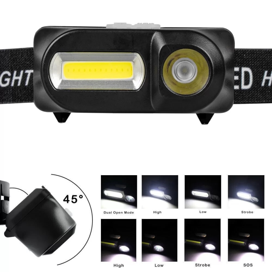 LED Ściemnialna czołówka akumulatorowa 2xLED/5V IP44 210 błyszcząca 2000 mAh