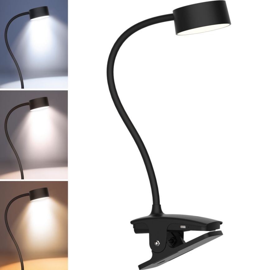 LED Ściemnialna elastyczny ładowalna lampa stołowa z klipsem LED/2W/1800 mAh 3000/4000/6500K czarny