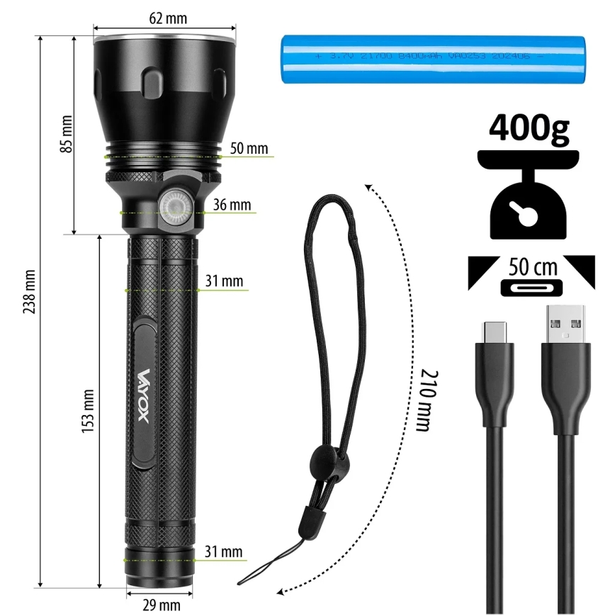 LED Ściemnialna latarka akumulatorowa LED/20W/5V IPX5 1570 błyszcząca 8400 mAh