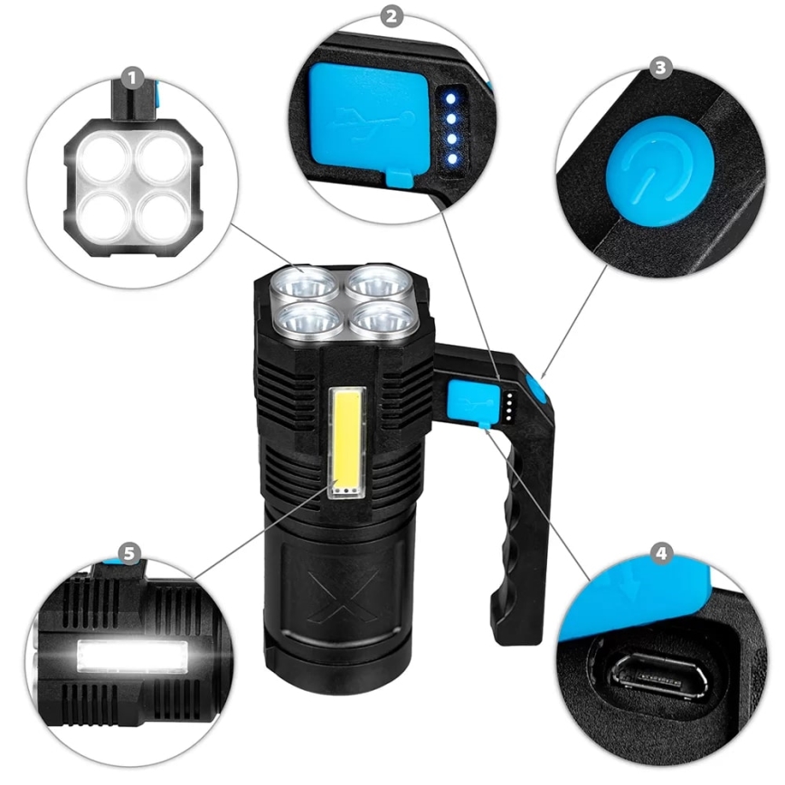 LED Ściemnialna latarka akumulatorowa LED/5V IPX4 250 błyszcząca 1200 mAh