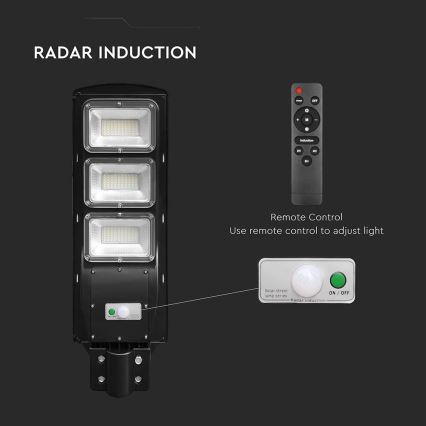 LED Przyciemnialna solarna lampa uliczna z czujnikiem ruchu i zmierzchu LED/12W/3,2V 6000K IP65 10000 mAh czarny + zdalne sterowanie