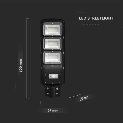 LED Przyciemnialna solarna lampa uliczna z czujnikiem ruchu i zmierzchu LED/12W/3,2V 6000K IP65 10000 mAh czarny + zdalne sterowanie