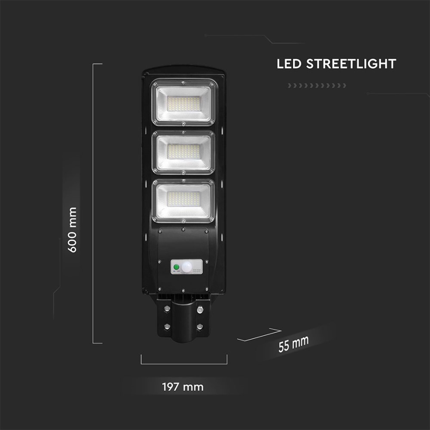 LED Przyciemnialna solarna lampa uliczna z czujnikiem ruchu i zmierzchu LED/12W/3,2V 6000K IP65 10000 mAh czarny + zdalne sterowanie