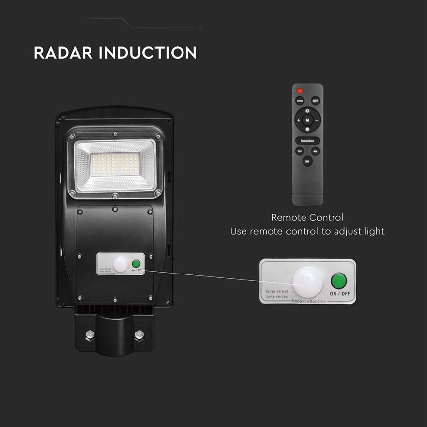 LED Przyciemnialna solarna lampa uliczna z czujnikiem ruchu i zmierzchu LED/6W/3,2V 6000K IP65 5000 mAh czarny + zdalne sterowanie