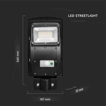 LED Przyciemnialna solarna lampa uliczna z czujnikiem ruchu i zmierzchu LED/6W/3,2V 6000K IP65 5000 mAh czarny + zdalne sterowanie