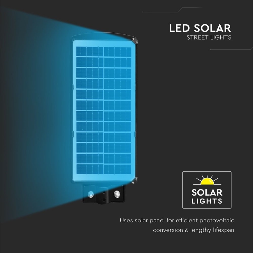 LED Przyciemnialna solarna lampa uliczna z czujnikiem ruchu i zmierzchu LED/8W/3,2V 6000K IP65 9000 mAh czarny + zdalne sterowanie