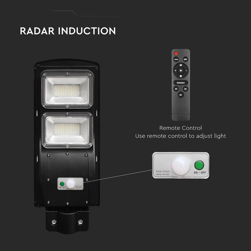 LED Przyciemnialna solarna lampa uliczna z czujnikiem ruchu i zmierzchu LED/8W/3,2V 6000K IP65 9000 mAh czarny + zdalne sterowanie