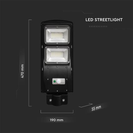LED Przyciemnialna solarna lampa uliczna z czujnikiem ruchu i zmierzchu LED/8W/3,2V 6000K IP65 9000 mAh czarny + zdalne sterowanie