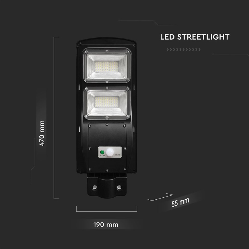 LED Przyciemnialna solarna lampa uliczna z czujnikiem ruchu i zmierzchu LED/8W/3,2V 6000K IP65 9000 mAh czarny + zdalne sterowanie