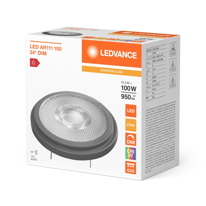 LED ściemnialna żarówka AR111 G53/13,5W/12V 2700K 24° CRI 97 - Ledvance