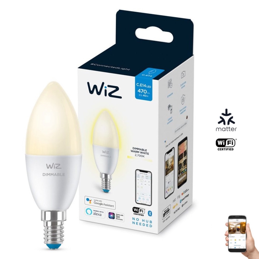 LED Ściemnialna żarówka C37 E14/4,9W/230V 2700K CRI 90 Wi-Fi - WiZ