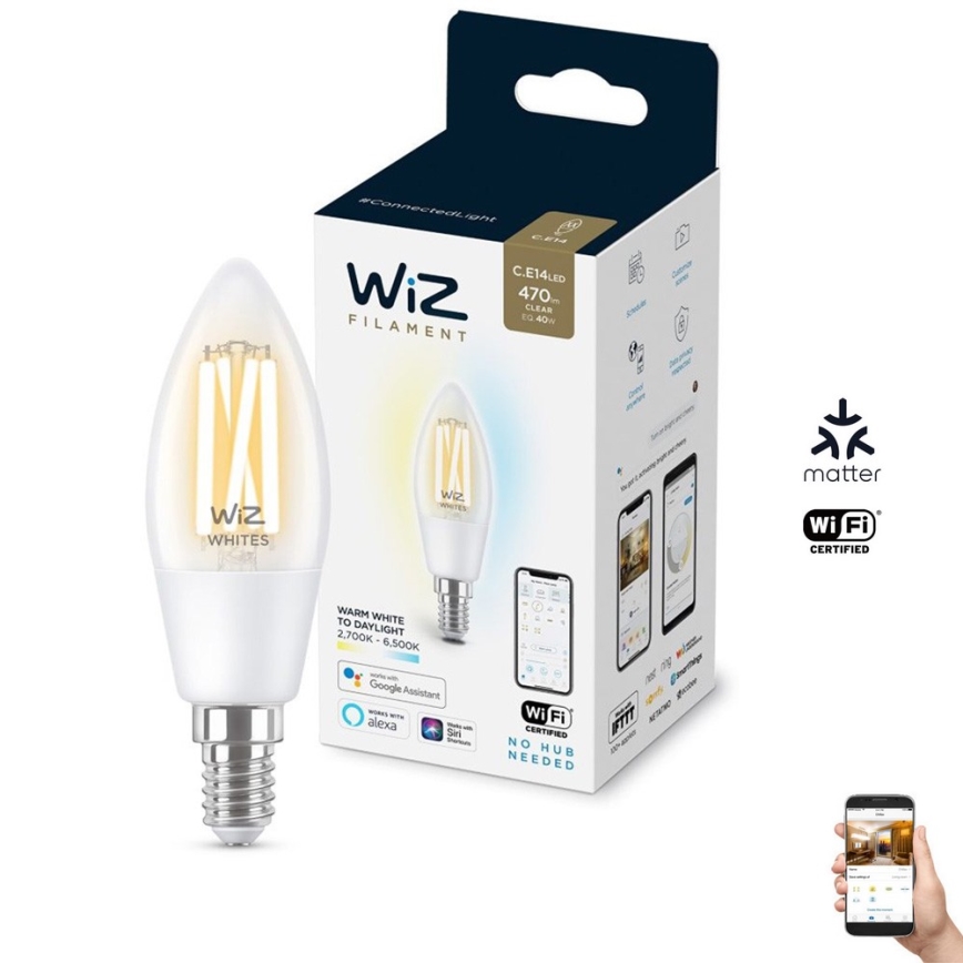 LED Ściemnialna żarówka FILAMENT C35 E14/4,9W/230V 2700-6500K CRI 90 Wi-Fi - WiZ