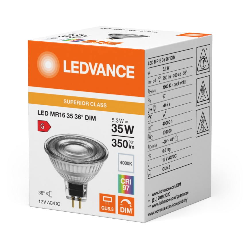 LED Ściemnialna żarówka reflektorowa MR16 GU5,3/5,3W/12V 4000K 36° CRI 97 - Ledvance