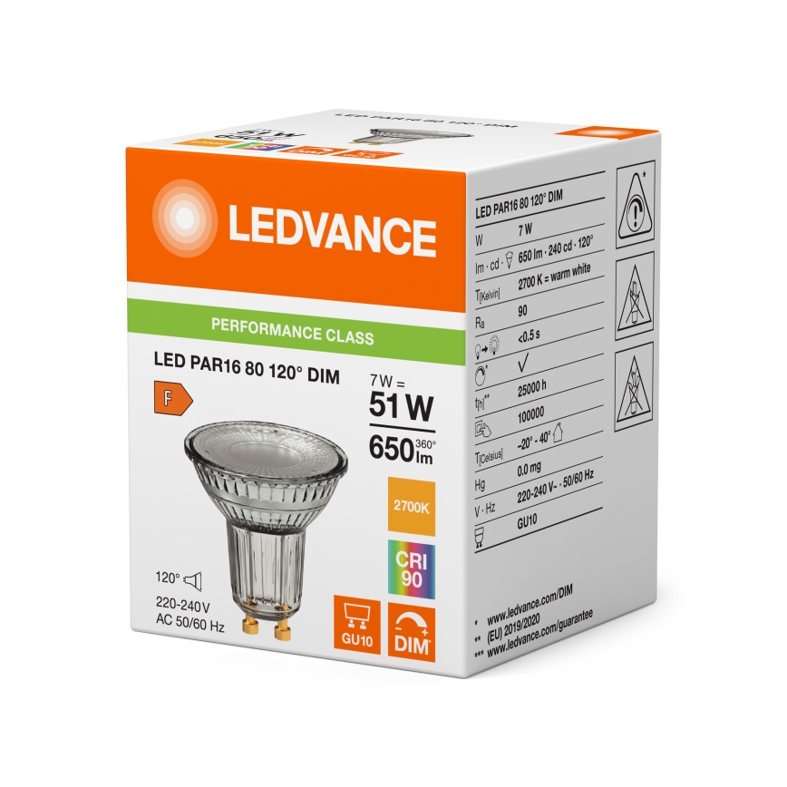 LED ściemnialna żarówka reflektorowa PAR16 GU10/7W/230V 2700K 120° CRI 90 - Ledvance