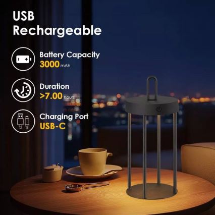 LED Ściemnialna zewnętrzna ładowalna dotykowa lampa stołowa GENTLE LED/1,5W/3,7V 3000 mAh IP44 czarna