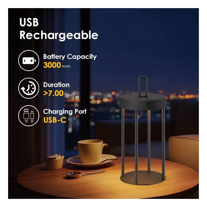 LED Ściemnialna zewnętrzna ładowalna dotykowa lampa stołowa GENTLE LED/1,5W/3,7V 3000 mAh IP44 czarna