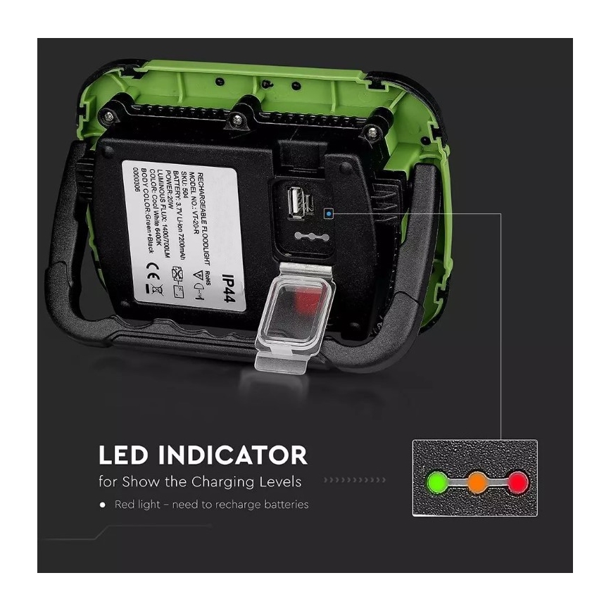 LED Ściemnialny akumulatorowy reflektor SAMSUNG CHIP + funkcja SOS LED/20W/3,7V/USB IP44 4000K 7200 mAh zielony