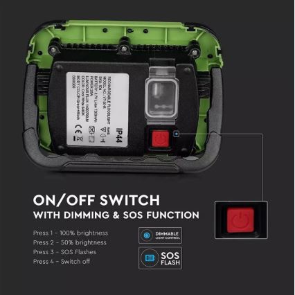 LED Ściemnialny akumulatorowy reflektor SAMSUNG CHIP + funkcja SOS LED/20W/3,7V/USB IP44 4000K 7200 mAh zielony