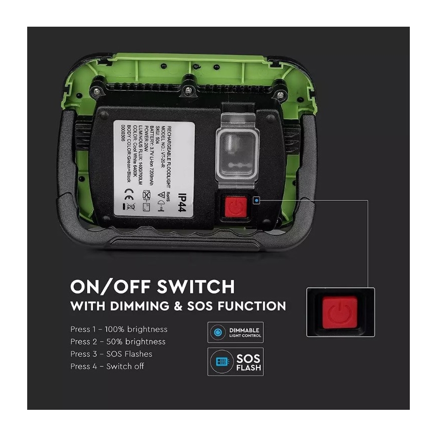 LED Ściemnialny akumulatorowy reflektor SAMSUNG CHIP + funkcja SOS LED/20W/3,7V/USB IP44 4000K 7200 mAh zielony