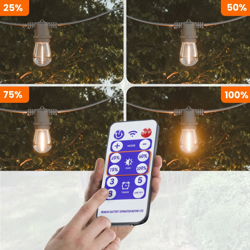 LED ściemnialny solarny łańcuch dekoracyjny 20xE27/0,3W/3/5V USB 2400 mAh 20,62 m IP65 czarny + pilot zdalnego sterowania