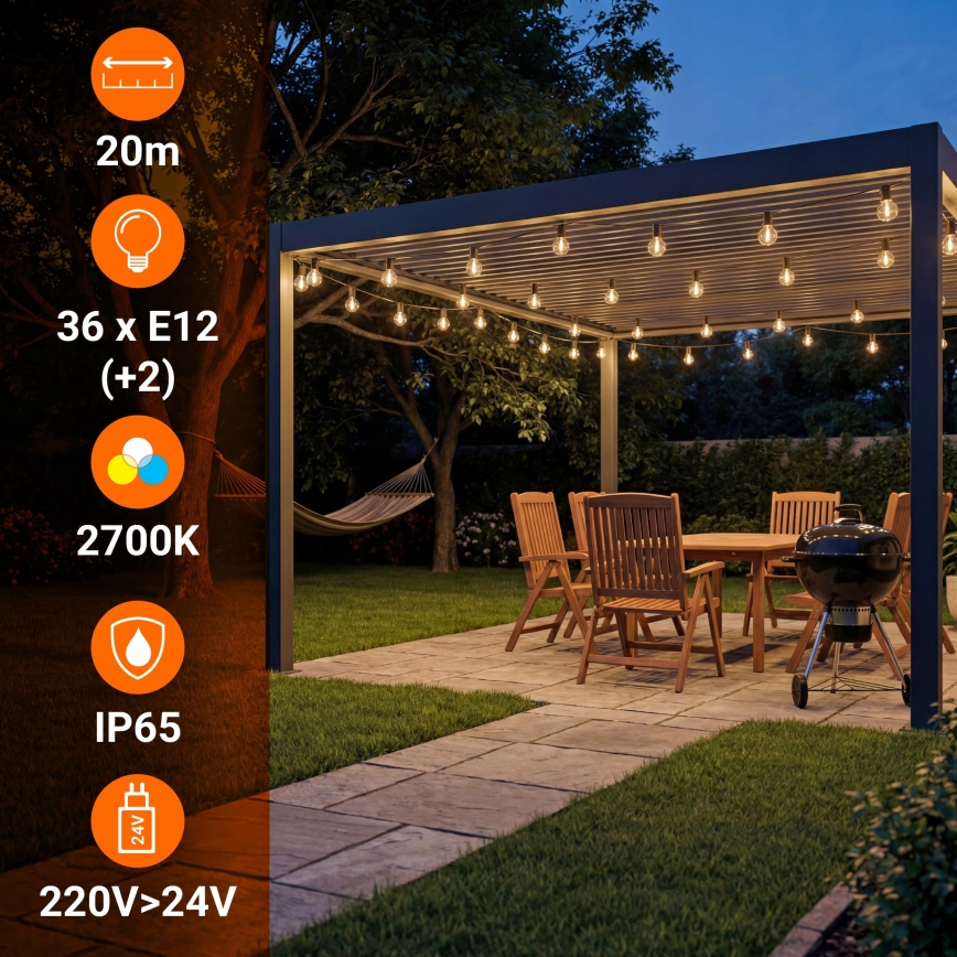 LED ściemnialny zewnętrzny łańcuch dekoracyjny 36xE12/1W/24/230V 22,35 m IP65 czarny + zdalne sterowanie