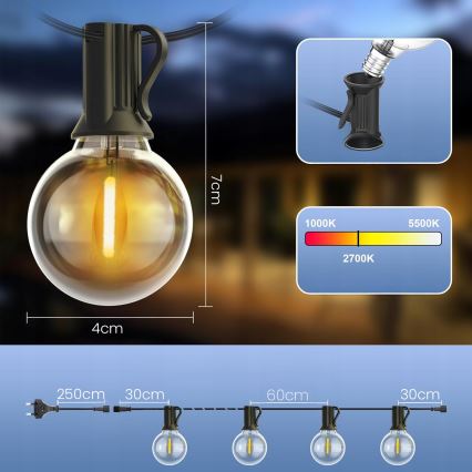 Zewnętrzny łańcuch dekoracyjny LED ściemnialny 25xE12/1W/24/230V 17,5 m IP65 czarny + pilot